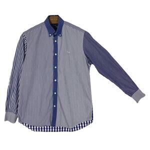 NWOT HARMONT&BLAINE Shirt XL ITALY Blue Stripe Colorblock Plaid-back Long-Sleeve